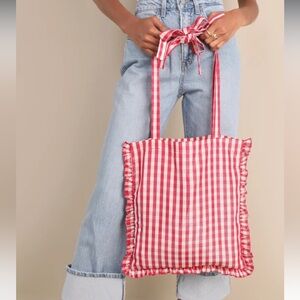 NWT Sister Jane Red Gingham Checkered Tote bag with Ruffle Trim plaid